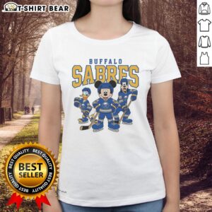 Buffalo Sabres Disney-themed ladies tee featuring vibrant graphics, perfect for ice hockey fans and stylish sportswear.