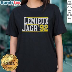 Nice Mario Lemieux and Jaromir Jagr 92 Ladies Tee showcasing iconic hockey legends in stylish women's apparel.