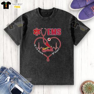 Alt Text: Stylish Hot St. Louis Cardinals nurse washed t-shirt with 'It's a Work of Heart' design for baseball fans.