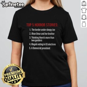 Nice Top 5 Horror Stories Ladies Tee featuring spooky designs and vibrant colors for horror enthusiasts.