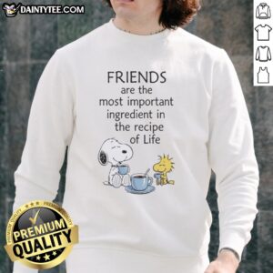 Alt Text: Awesome Snoopy Friends sweatshirt featuring a heartwarming quote about friendship as life's essential ingredient.