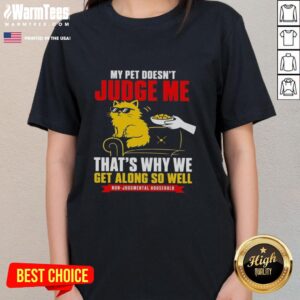Alt Text: Official Orange Cat graphic on a ladies tee, showcasing the bond of non-judgmental companionship with pets.