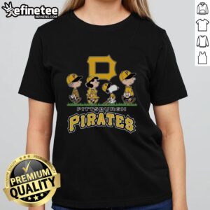 Snoopy, Charlie Brown, Linus, and Lucy in Pittsburgh Pirates baseball jerseys on a ladies' tee shirt.