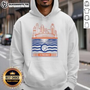 Nice FC Cincinnati city skyline stadium with river view, featuring retro hoodie design and team logo.