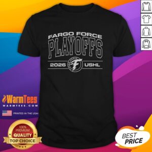 Alt Text: Nice Fargo Force Team 2026 Playoffs USHL logo t-shirt featuring vibrant colors and team branding for hockey fans.