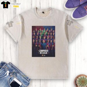 FC Barcelona 2025-26 La Liga Champions washed t-shirt poster featuring vibrant team colors and iconic logo.