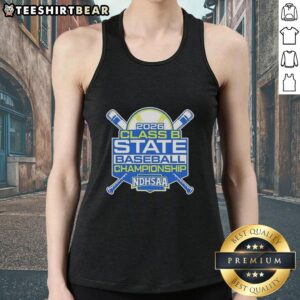 Alt Text: 2026 Premium NDHSAA Class B Baseball State Tournament tank top featuring vibrant design and team logo.