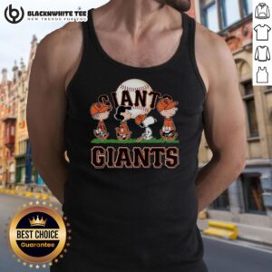 Cute Snoopy, Charlie Brown, Linus, and Lucy in San Francisco Giants baseball jersey tank tops, showcasing team spirit.