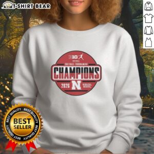 Good Nebraska Huskers 2026 Big Ten Softball Tournament Champions Circle Design Sweatshirt in red and white.