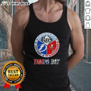 Alt Text: Mashup logos of Tampa Bay Rays, Lightning, and Buccaneers on a team tank top design.
