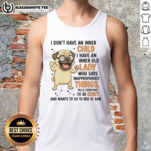 Funny tank top featuring a top pug with glasses and the phrase 'Inner Old Lady Says Inappropriate Things' for dog lovers.