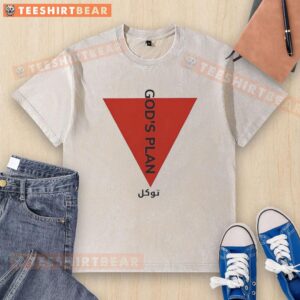 Alt Text: Premium Boxinton God's Plan t-shirt featuring an upside-down red triangle design on a washed fabric background.