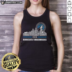 Alt Text: 2026 Hot Minnesota Timberwolves tank top featuring skyline design and player names, perfect for fans.