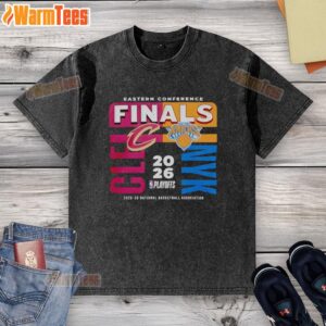Alt Text: Cleveland Cavaliers vs New York Knicks 2025 Eastern Conference Finals washed t-shirt design featuring team logos.