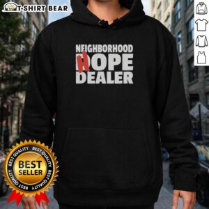 Hope Dealer hoodie in a nice neighborhood, promoting addiction recovery and community support.