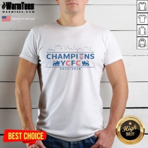 Alt Text: Official York City Football Club Champions 2025-2026 Commemorative Skyline T-Shirt showcasing club logo and skyline design.