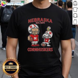 Official Charlie Brown and Snoopy Nebraska Cornhuskers NCAA Football T-Shirt, celebrating Est. 1891 team spirit.
