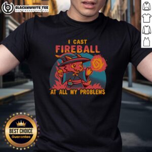 Good I Cast Fireball At All My Problems T-Shirt featuring a fun graphic design for gamers and fantasy enthusiasts.