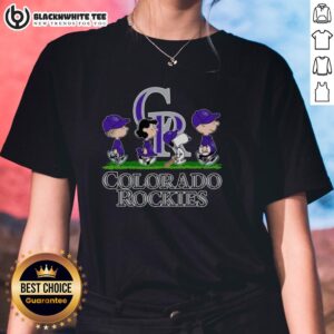Cute Snoopy, Charlie Brown, Linus, and Lucy in Colorado Rockies baseball jerseys on a ladies tee.