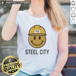 Top Icon Steel City 412 Smiley Hardhat Ladies Tee featuring a cheerful hardhat graphic on a stylish women's t-shirt.