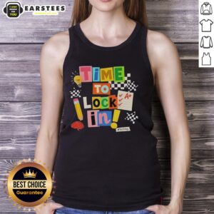 Teacher wearing a 'Hot Time to Lock In' tank top, ready for test day stress relief and motivation.