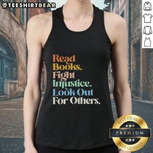 Retro tank top featuring 'Top Read Books Fight Injustice' design, promoting awareness and empathy for others.