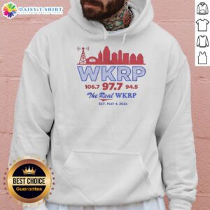 Retro hoodie featuring Good WKRP 106.7, 97.7, and 94.5 with city skyline design, perfect for fans of The Real WKRP.