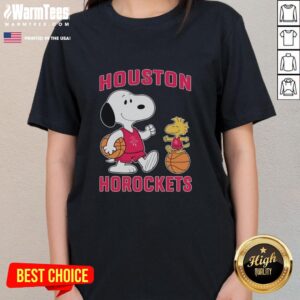 Alt Text: Pretty Snoopy and Woodstock Houston Rockets basketball ladies tee featuring vibrant graphics and a stylish design.