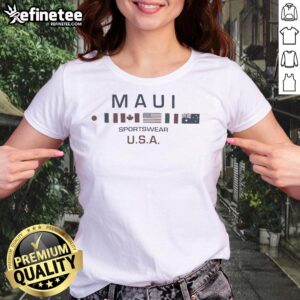 Alt Text: Premium Maui Sportswear USA Flags Ladies Tee featuring a vibrant flag design and comfortable fit for women.