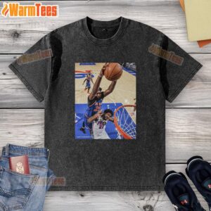 Joel Embiid in a stylish 'Washed' T-shirt, representing the Philadelphia 76ers, showcasing fan gear and basketball spirit.