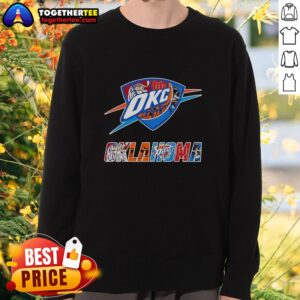 Awesome Oklahoma City Thunder, Oklahoma Sooners, Oklahoma State Cowboys, and Tulsa Golden Hurricane sweatshirt design.