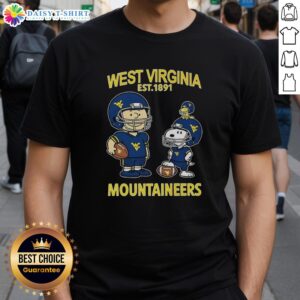 Official Charlie Brown and Snoopy X West Virginia Mountaineers NCAA Football T-Shirt, Est 1891, featuring vibrant graphics.