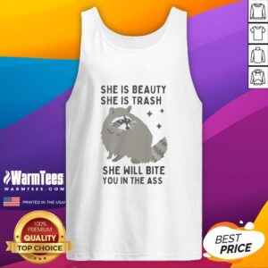 Premium Raccoon tank top featuring 'She is beauty, she is trash' design with a playful raccoon illustration.