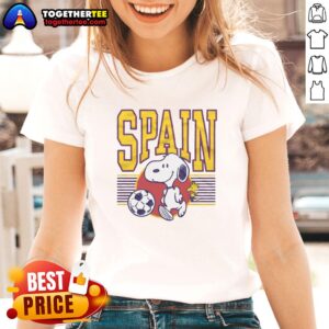 Top Peanuts Snoopy X Spain Soccer Ladies Tee featuring a playful Snoopy design celebrating soccer and Spain.