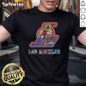 Collage logo T-shirt featuring Los Angeles Lakers NBA and other Los Angeles sports teams, perfect for fans.