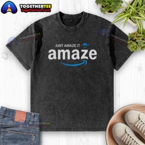 Alt Text: Official Just Amaze It Amaze Amazon logo on a washed t-shirt, showcasing a trendy and casual style for fans.