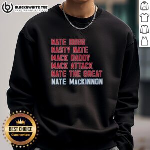 Top Nathan MacKinnon Mack List Colorado Avalanche sweatshirt displayed on a hanger, showcasing team colors and logo.