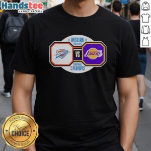 Original Oklahoma City Thunder vs Los Angeles Lakers 2026 NBA Playoffs T-Shirt featuring team logos and playoff design.