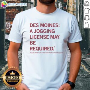 Alt Text: Original Des Moines Jogging License T-Shirt featuring a vibrant design celebrating running in Des Moines, Iowa.