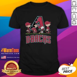 Alt Text: Snoopy, Charlie Brown, Linus, and Lucy in Arizona Diamondbacks baseball jerseys, showcasing team spirit and fun.