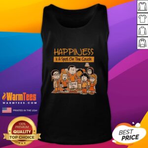 Hot funny peanuts tank top featuring 'Happiness is a spot on the couch' design, perfect for casual comfort and humor.