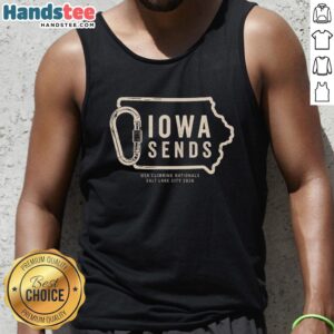 Top Climb Iowa Iowa Sends tank top featuring a bold graphic design, perfect for climbing enthusiasts and outdoor adventures.