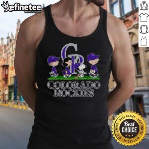 Snoopy, Charlie Brown, Linus, and Lucy in Colorado Rockies baseball jersey tank tops, celebrating team spirit.