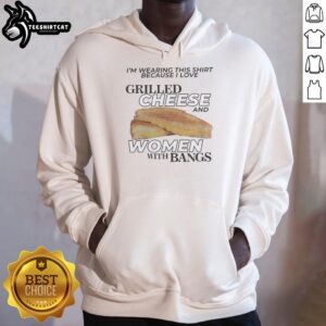 Alt Text: Premium graphic hoodie with I Love Grilled Cheese and Women with Bangs design, perfect for casual wear.