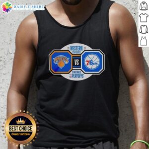 Nice New York Knicks vs Philadelphia 76ers 2026 NBA Playoffs tank top featuring vibrant team colors and logos.