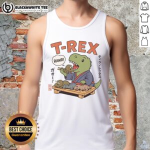 Cute T-Rex breakfast tank top design from Japan, featuring a playful dinosaur enjoying a cheerful morning meal.