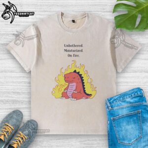 Nice red dinosaur graphic on an unbothered, moisturized, on-fire washed t-shirt for a fun, trendy look.