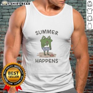 Cute frog enjoying ice cream cone while wearing an Awesome Summer Happens tank top on a sunny day.
