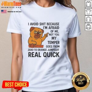 Alt Text: Pretty angry pug in an orange jumpsuit on a ladies tee, showcasing a fun and quirky pet design.
