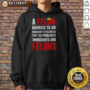 Alt Text: A hoodie featuring the phrase 'Original A Felon Married To An Immigrant' highlighting immigrant issues and perspectives.
